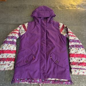 Roxy Girls 10K Hooded Insulated Ski Snow Jacket XL 16 Purple White Stripe Floral